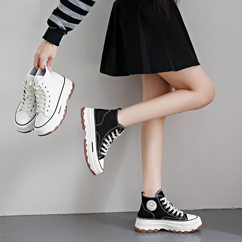 Women High Top Sneakers Lace-Up Casual Plarform Height Canvas Non-slip Wear Resistant Spring Female Vulcanize Shoes