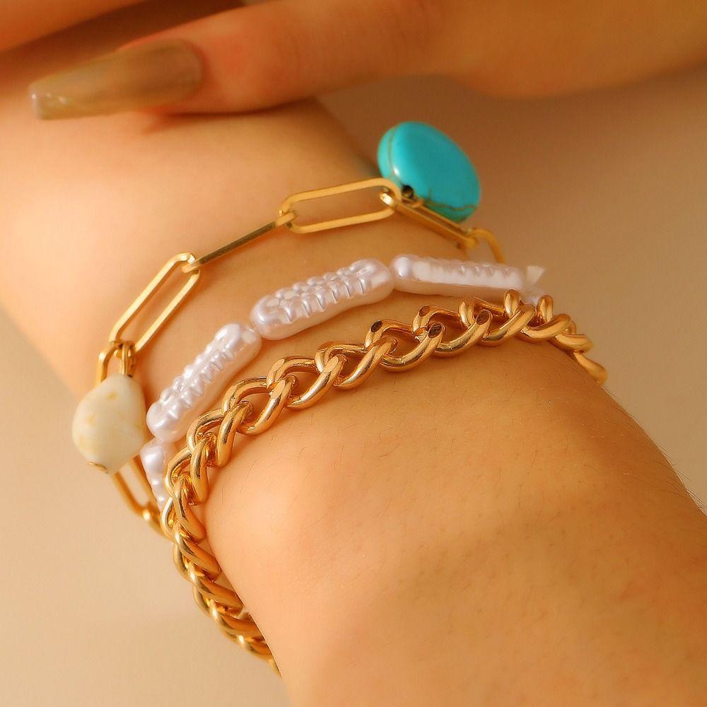 Pearl Multilayer Turquoise Wristband Beads Bohemian Style Hand Chain Turquoise Bracelet Set  Beach