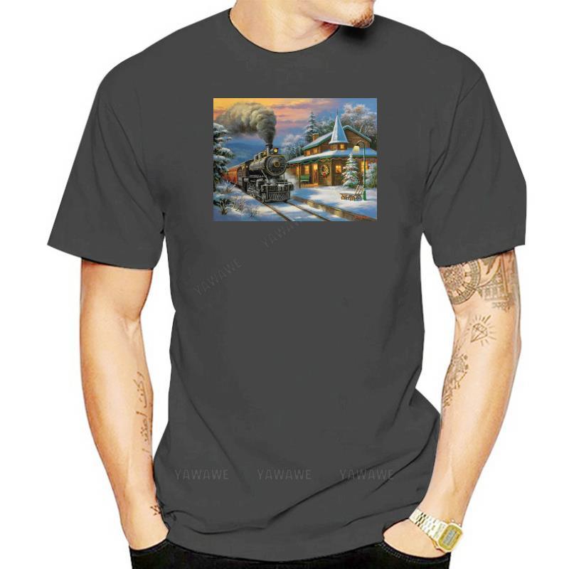 Fashion mens tshirts casual brand short sleeve Christmas Train Station Locomotive TShirt teenager cotton teeshirt vintage top