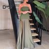 Women's Strapless Tube Top Maxi Dress Off Shoulder Patchwork Evening Dress Satin Bodycon Long Dress for Cocktail Party Wedding