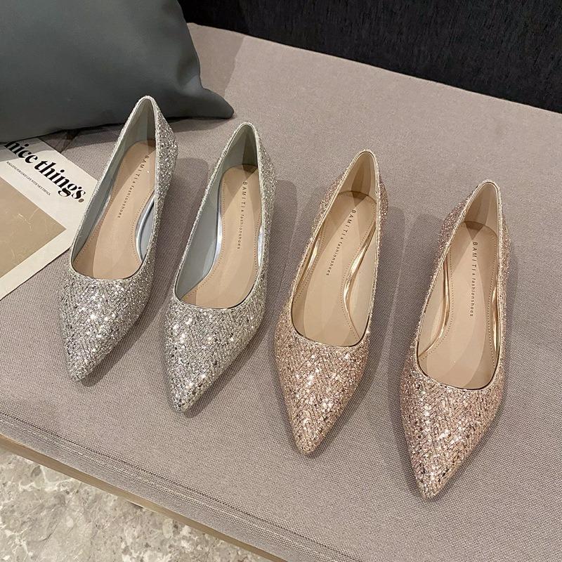 Celebrity Gold High Heels Design Temperament Pointed Single Shoes Women's New Elegant Mid-heel Shoes
