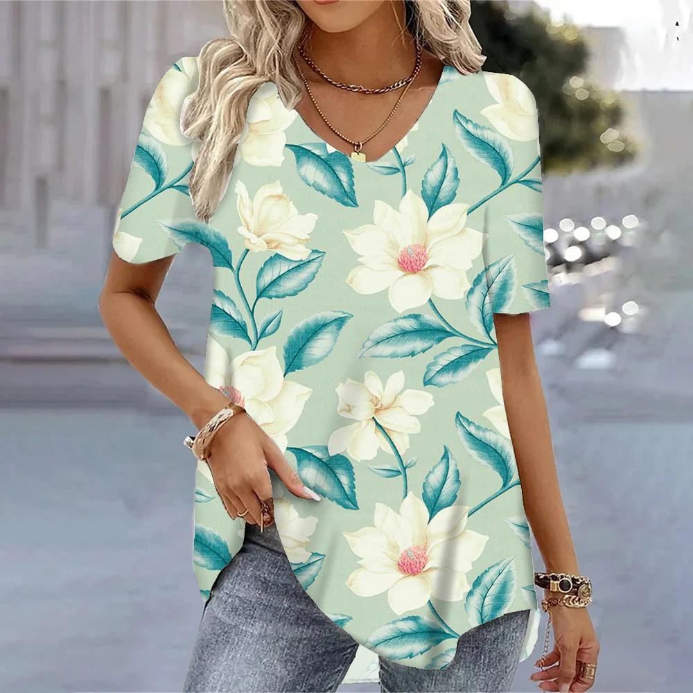 Fresh Flower  Pattern 3D Printed V-Neck Short Sleeved Women's Deals Graphic T Shirts Blouses Women T-Shirts