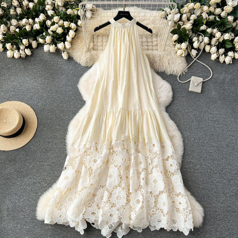 Light Luxury Minority Embroider Cut Out Lace Dress Halterneck