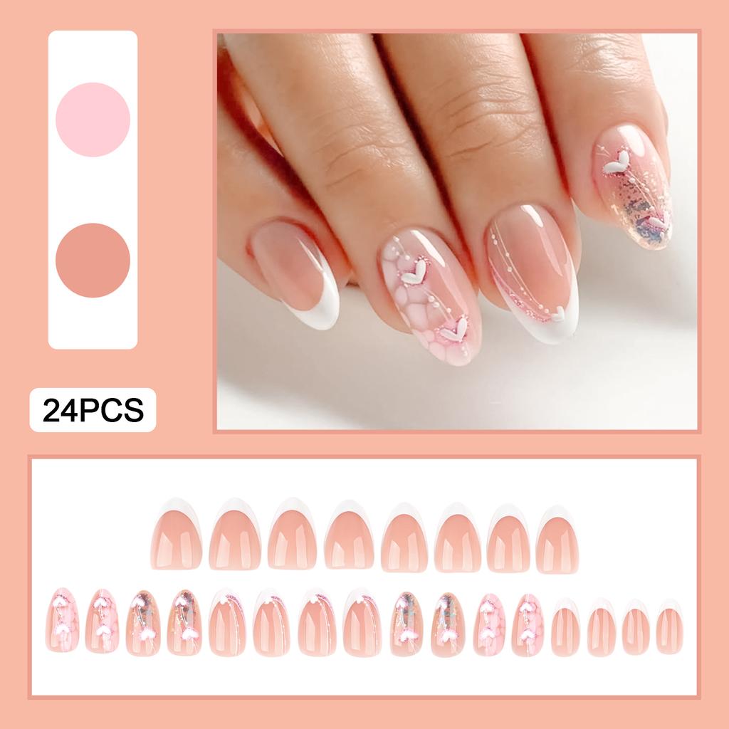 24Pcs French White 3D Heart Design False Nails for Women Manicure Use