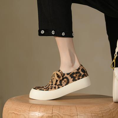 Fashion New Women Shoes Leisure Platform Shoes Round Toe Shoes For Women Lace -Up Ladies Casual Shoes Leopard Canvas Handmade