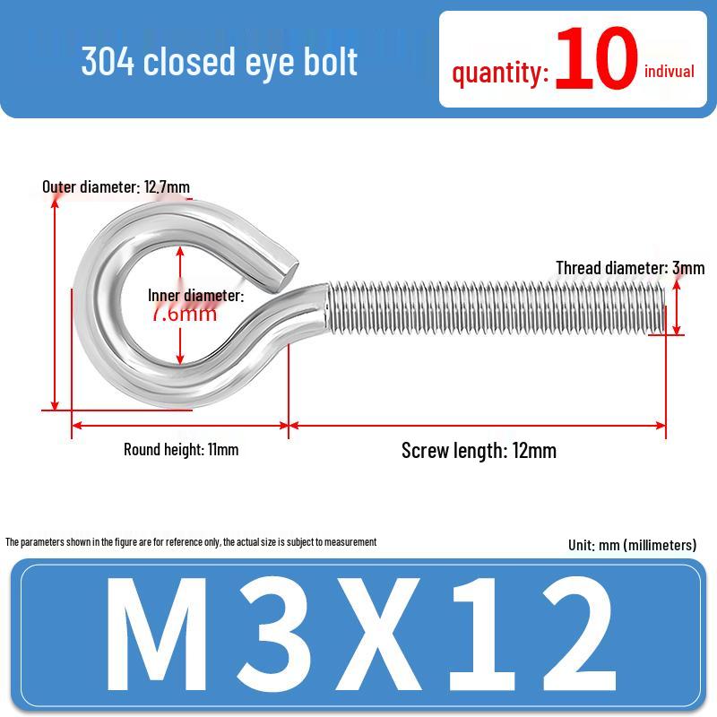 304 Stainless Steel Eyebolt with Ring Hook – Machine Thread Closed Eye Bolt (M4 M5 M6 M8)