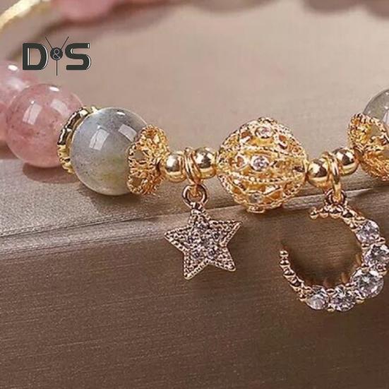 Women Bracelet Smooth Bead Polished Star Moon Pendant Rhinestone Adjustable Shopping Work Party Dating Wrist Chain Lady Jewelry