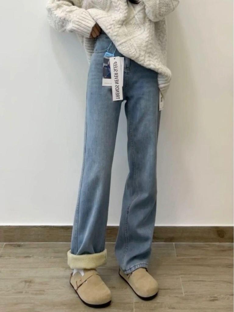 Women's Retro Blue Fleece-Lined Wide-Leg Jeans - Plus Size, High Waist, Slimming Loose Fit for Pear Shapes