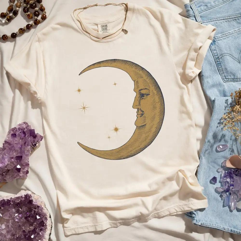 Women Retro Loose Short Sleeve Top Boho Moon Print Shirt Comfort 100 Cotton Crewneck Tshirt Casual Daily Fashion Streetwear