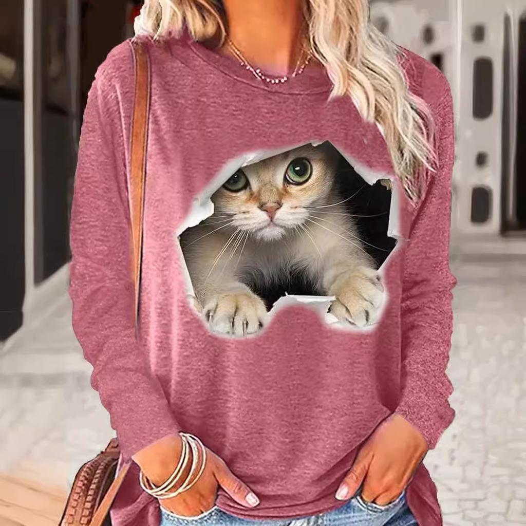 Round Neck 3D Printed Animal Pattern Top Fashionable Casual Long Sleeved Women's T-shirts