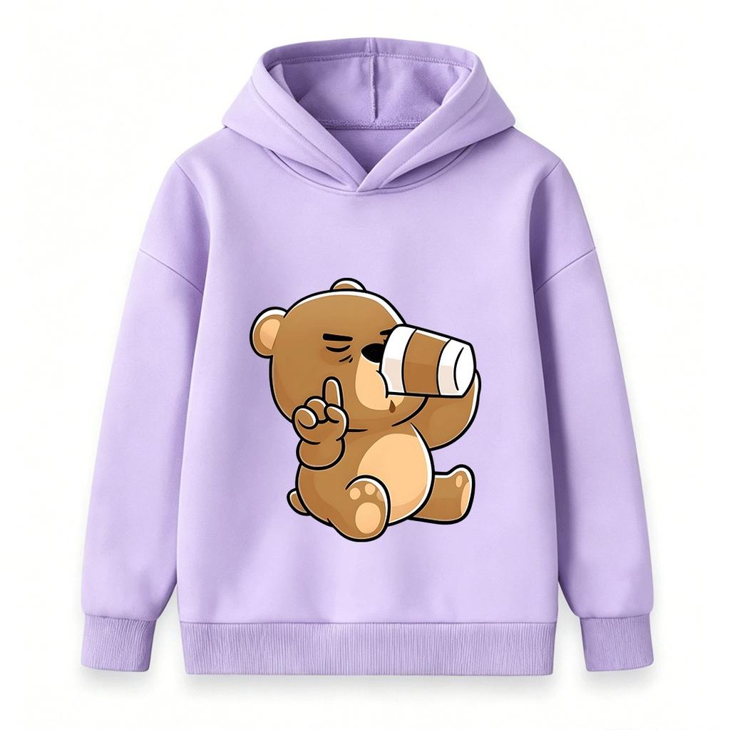 Cartoon Brown Bear Telescope Print Kids Unisex Hooded Sweatshirt Casual Soft Long Sleeve Pullover for Boys Girls