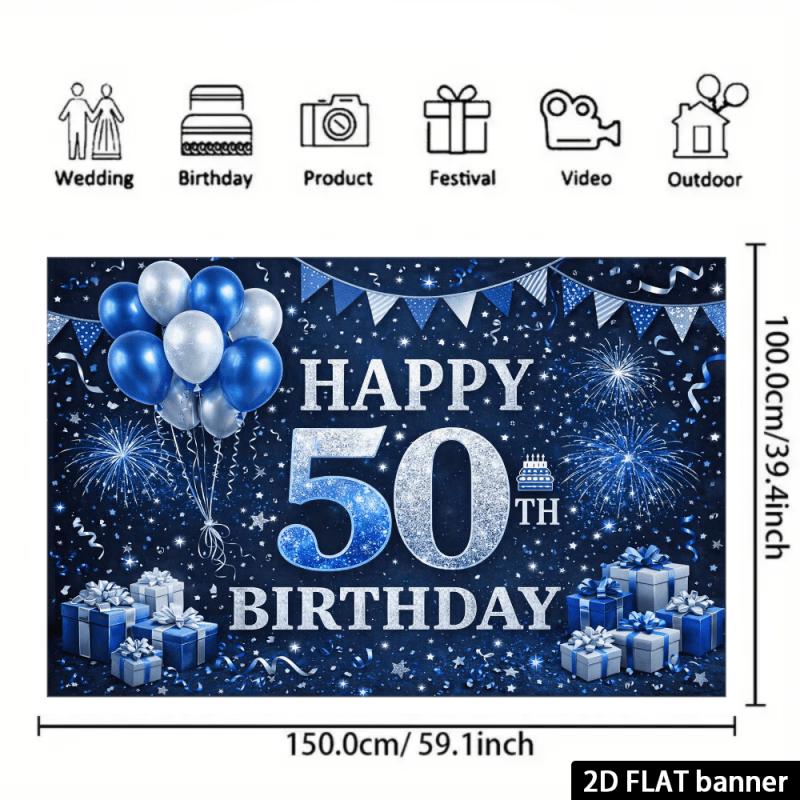 2D-ebene blau-silberne Kulisse für die Feier zum 50. Geburtstag, aus Polyester, für Familientreffen