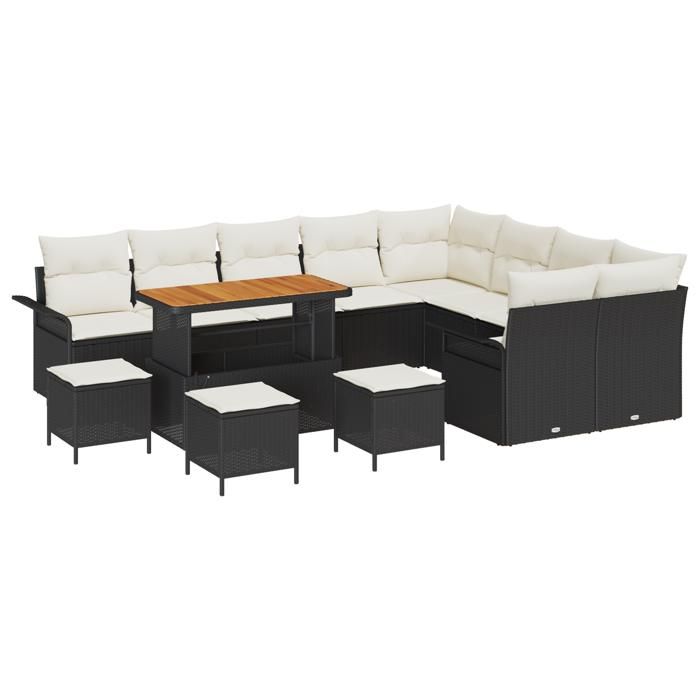 VidaXL Ensemble de Sofa de Jardin de 13 Pièces avec Coussins Noir Poly Rattan Acacia 3362180