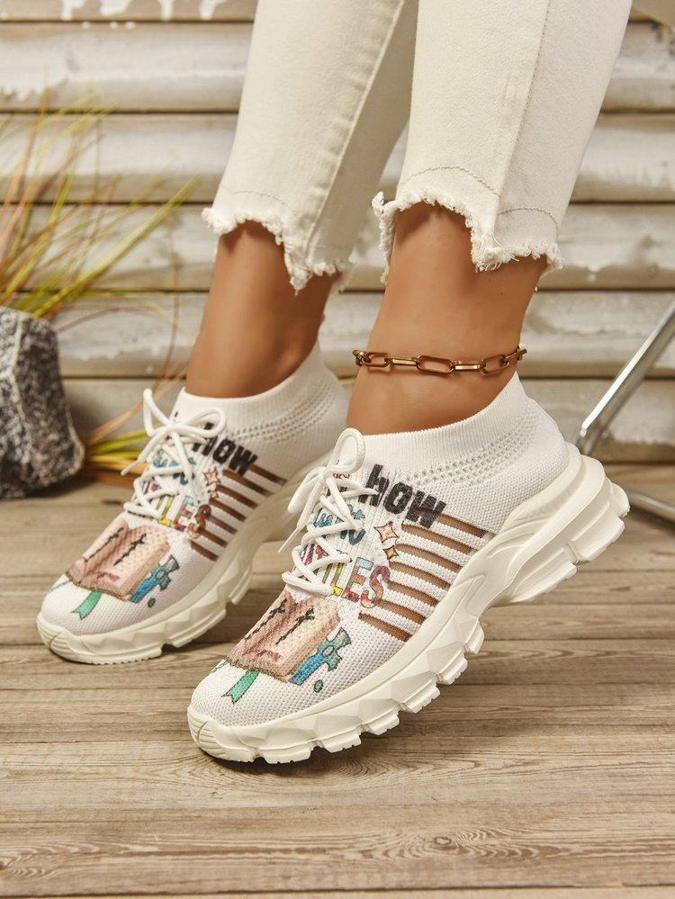 Women's Letter Print Platform Sneakers, Breathable Knit Slip on Outdoor Shoes, Comfortable Low Top Sport Shoes Plus Size 36-42