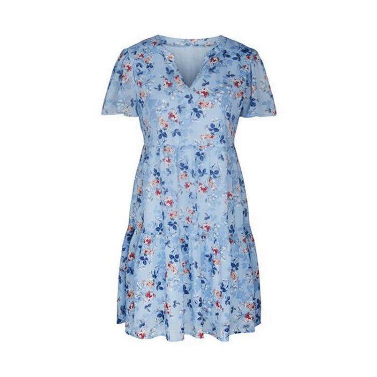 Spring Autumn Floral Print Loose Dress for Women Chic V Neck Short Sleeve Fashion Sizes S-XL