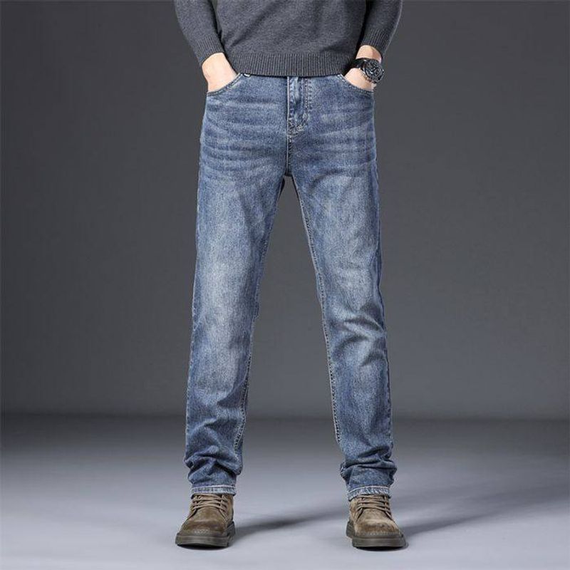 Foreign Trade Surplus Spring and Autumn New Style Gray Retro Jeans for Men, Heavyweight Straight Loose Fit, Stretchy, Cool Casual Long Pants