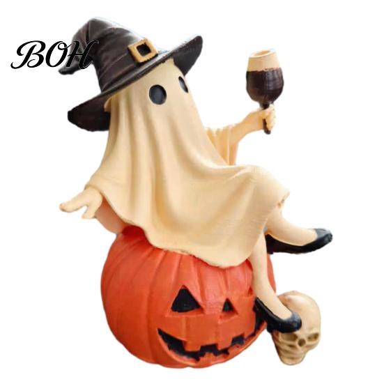 Decorative Bar Accessories Cute Ghost Figurine, Sitting on Pumpkin Statue with Witch Halloween Table Decor Hat, Resin Tabletop Ornament for Home Party