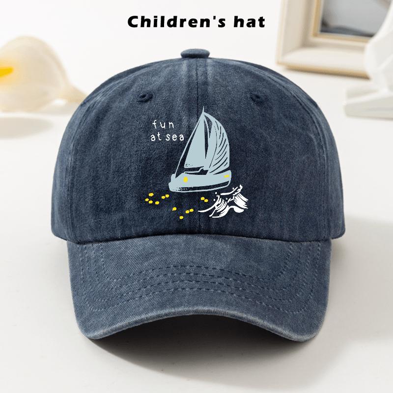 Sailboat Graphic Washed Cotton Baseball Cap Adjustable Outdoor Denim Trucker Hat Unisex One Size