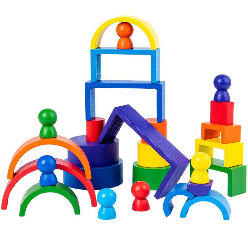 Wooden Rainbow House Block Set for Kids - Early Education Stacking Toy