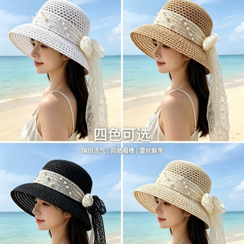 Pearl French Summer New Streamer Flat Top Sun Hat Sunscreen Straw Hat Breathable Bucket Hat Hepburn Hat Lace