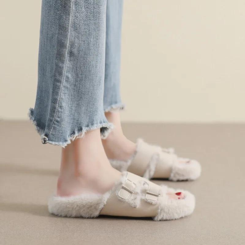 

Модные осенне-зимние модные тапочки на толстой подошве с плюшем, теплые, бежевые, хаки, с модной пряжкой, домашние или уличные женские тапочки 35-43 37