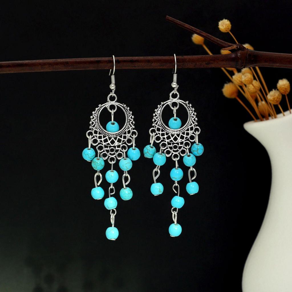 European and American Retro Hollow Turquoise Tassel Bohemian Earrings for Women
