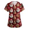 Women's V-neck Christmas printed short-sleeved pocket side-slit protective suit top