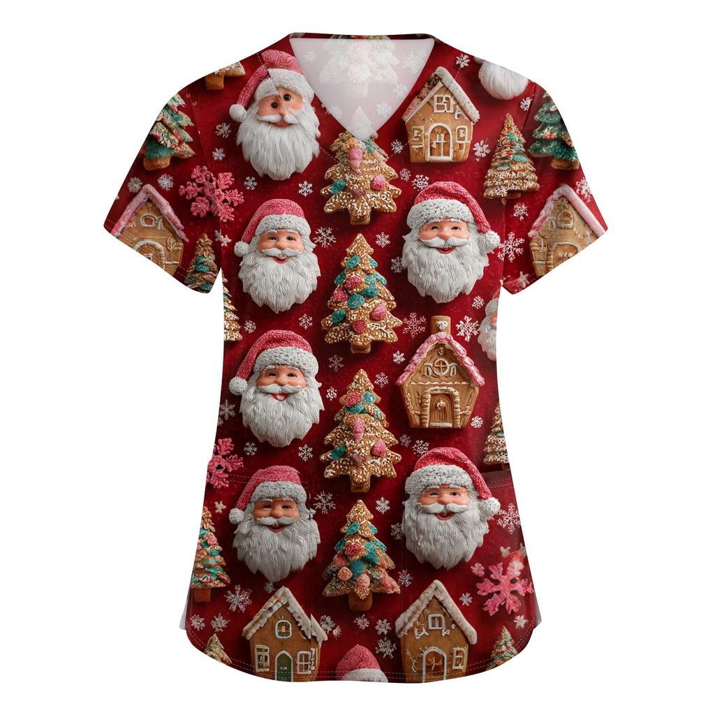 Women's V-neck Christmas printed short-sleeved pocket side-slit protective suit top