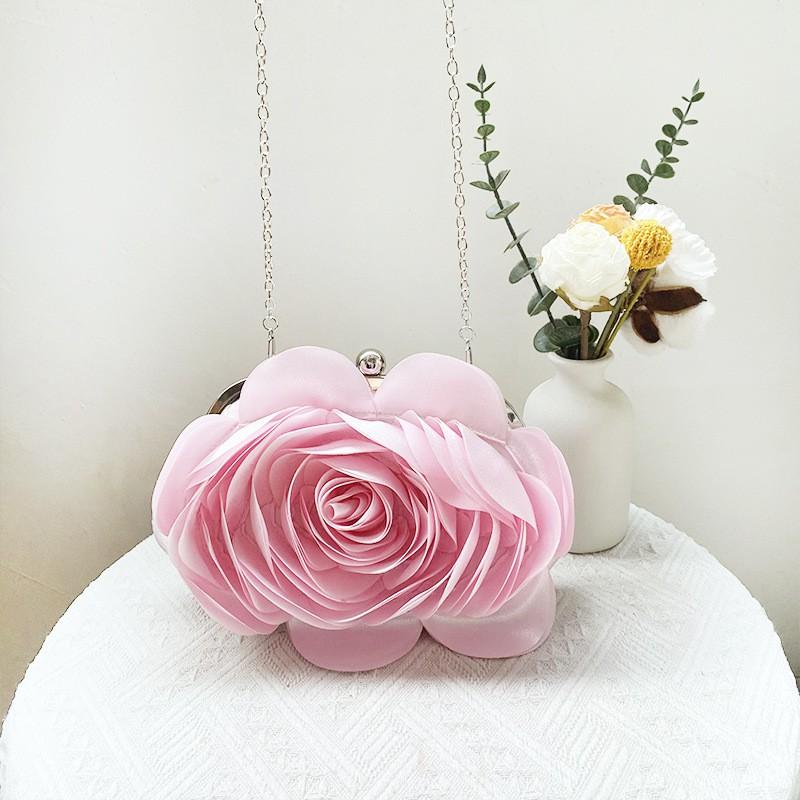 Elegant White Floral Clutch Bag Bridesmaid Evening Wedding Party Soft Silk Nylon Lined Oval Lock