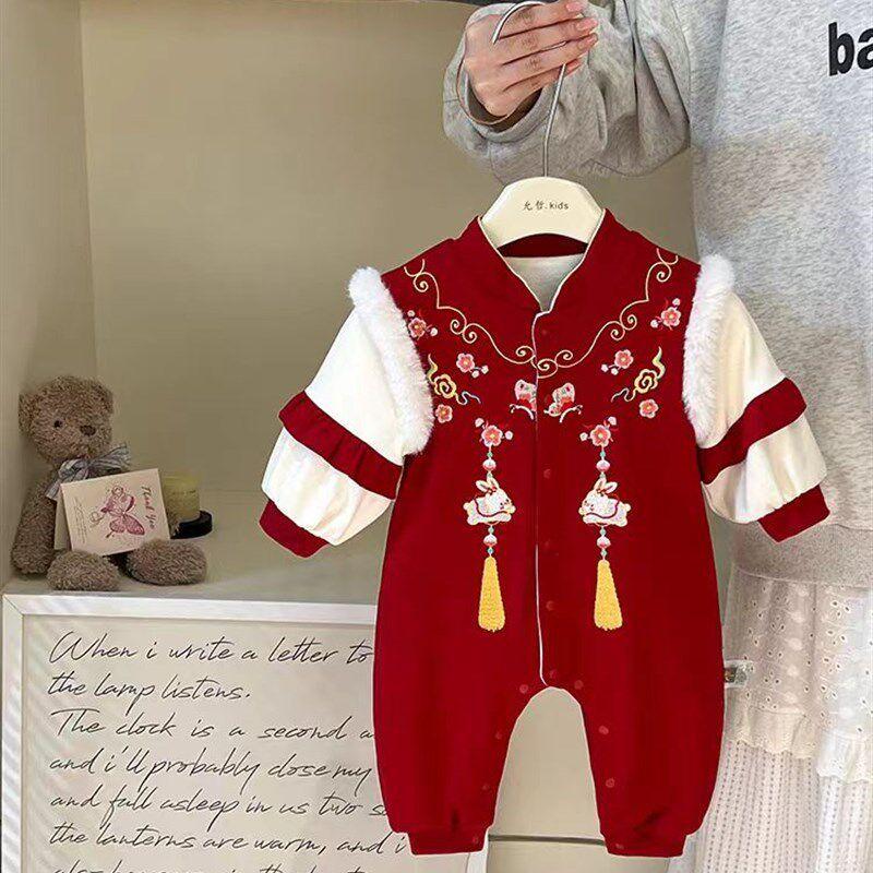 Baby Red Full-Month Fleece-Lined Jumpsuit Clothing Autumn and Winter Chinese Style One-Year-Old Hundred-Day Baby Romper Red  Flying Flowers  Fleece-Lined Romper Size 66