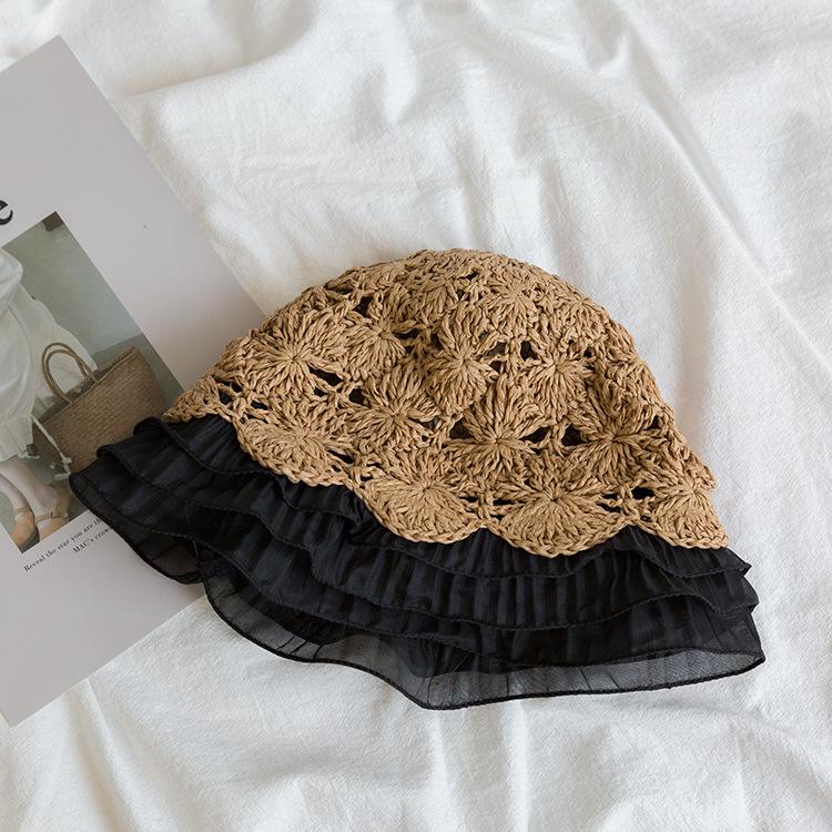 Japanese Hollow Woven Lace Edge Straw Hat Women'S Summer Sweet Versatile Lotus Leaf Edge Bucket Hat Showing Face Small Vacation Pot Hat