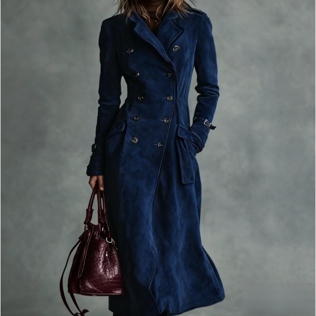 Women's Lapel Double Breasted Suede Long Sleeve Maxi Trench Coat