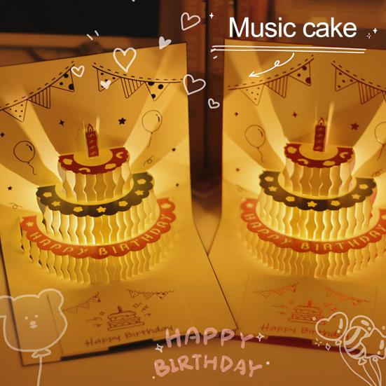 3D bursdagskort pop-up gratulasjonskort med musikalske lys Gratulerer med bursdagskort med kake for kvinner Menn Barn Venner