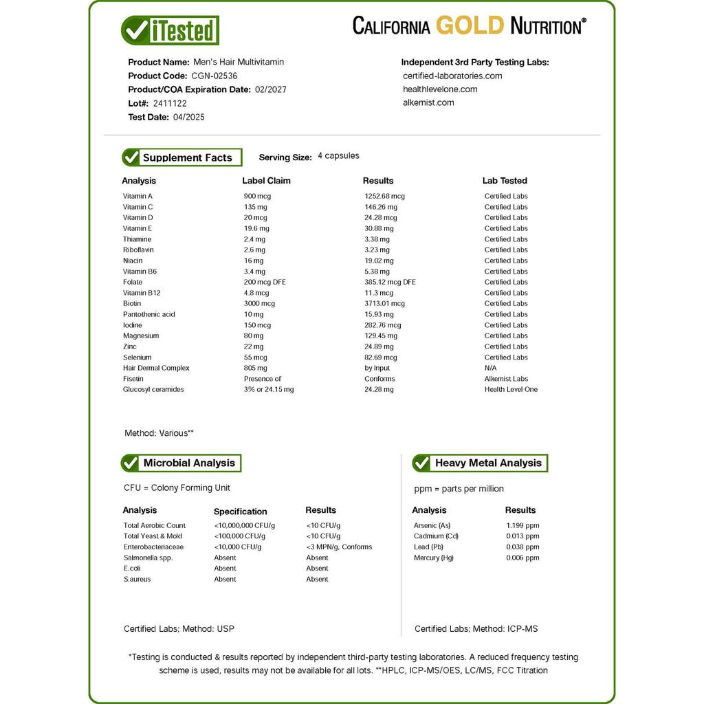 California Gold Nutrition Beauty, Men's Hair Multivitamin, 120 Veggie Capsules