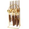 24Pcs Wood Handle Gold Dinnerware Set Stainless Steel Tableware With Storage Rack Knife Fork Tea Spoon Kitchen Cutlery Set