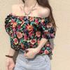 Women's Summer Seaside Holiday Off-shoulder Flower Color Shirts Female Large Size Loose Two Ways To Wear T-shirt Top