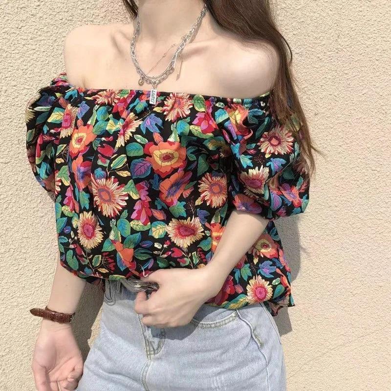 Women's Summer Seaside Holiday Off-shoulder Flower Color Shirts Female Large Size Loose Two Ways To Wear T-shirt Top