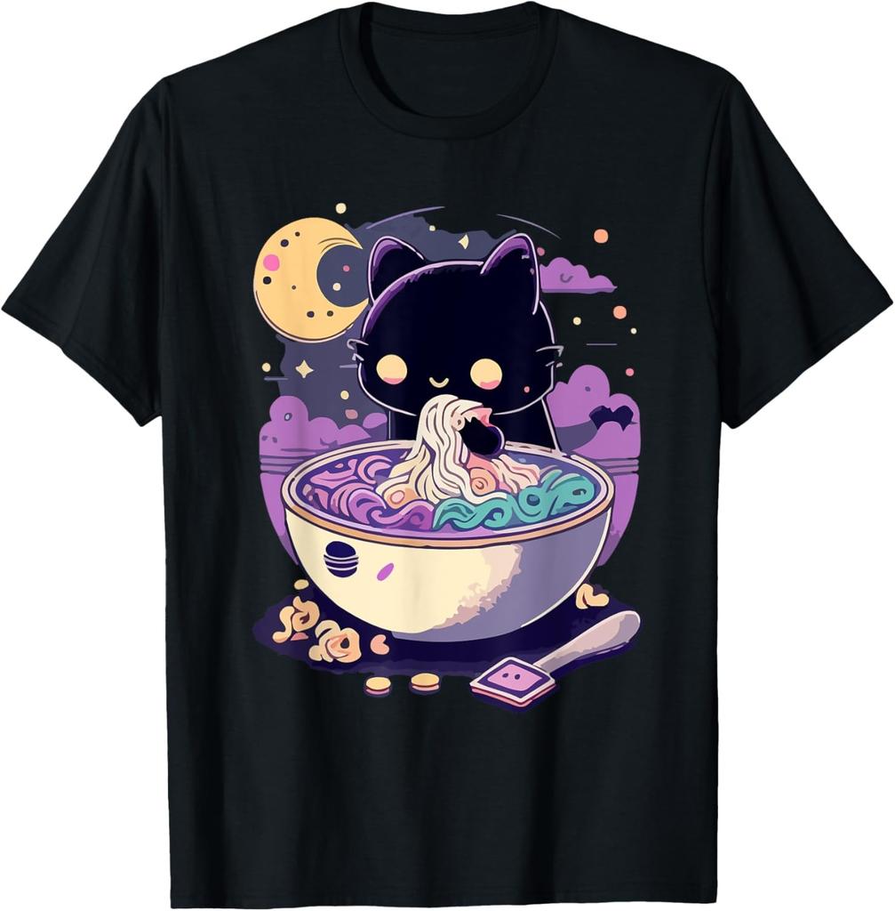 Pastel Goth Aesthetic Kawaii Creepy Cat Eating Ramen Noodles T-Shirt
