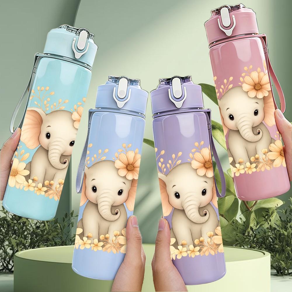 1PC Floral Baby Elephant Cartoon 750ml Color Plastic Sports Water Bottle Leakproof Flip Straw Lid Suitable for Sports Office Home Use