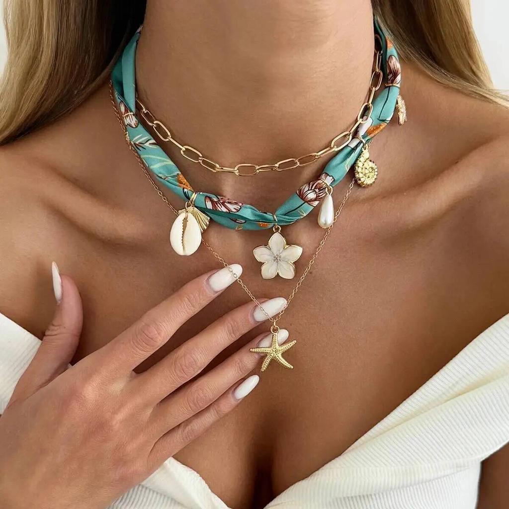 IngeSight.Z 3Pcs/Set Boho Scarf Ribbon Choker Necklace Trend Cross Sun Flower Starfish Conch Coconut Tree Pendant Neck Jewelry