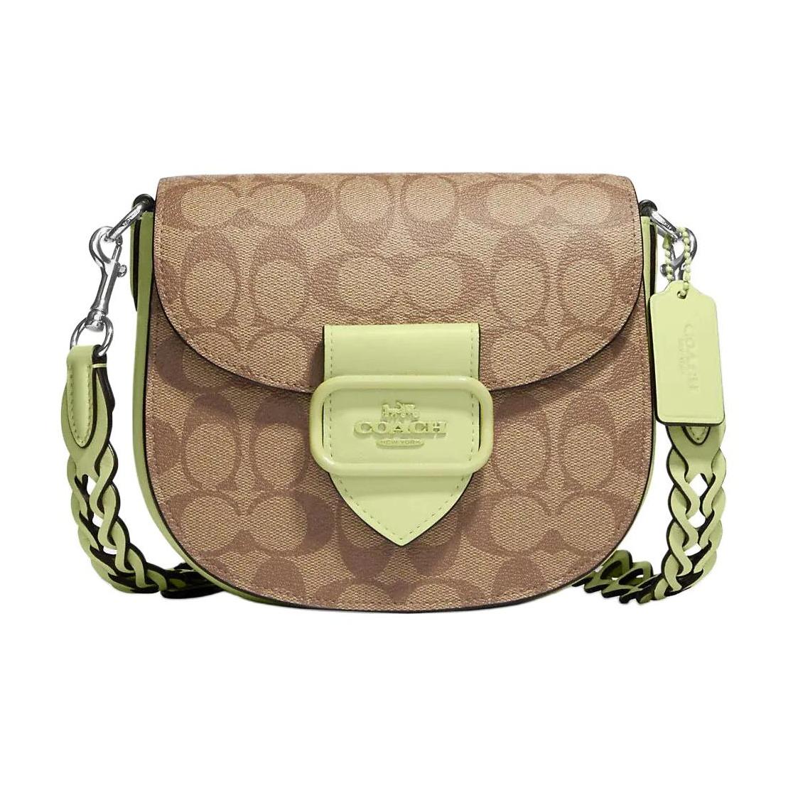

Coach Tan Signature Canvas Lime Green Leather Trim Saddle Crossbody Bag for Daily Use Basic Set (Bag+Dust Bag)
