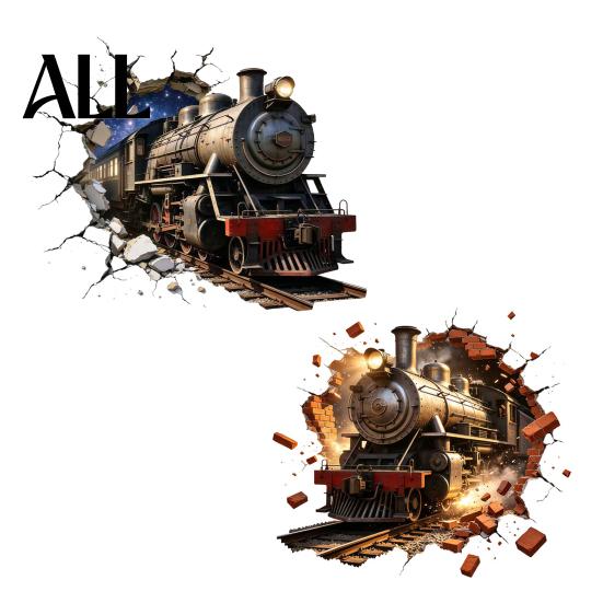 Easy Apply Wall Graphics 3D Retro Train Sticker, Break Through Decal, Peel and Stick Art Modern Decor for Internet Cafe Mural Kids Room Bedroom Living