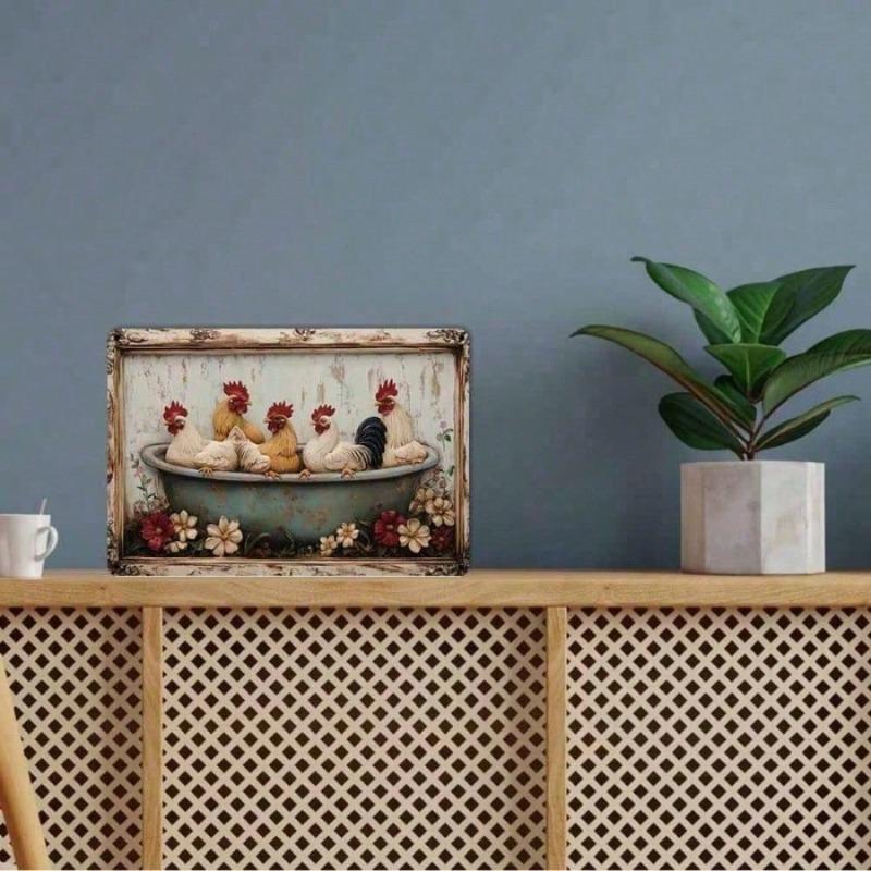 FLEUR Dekorativní cedule ve stylu farmy 8x12 palců Rustikální kovové nástěnné umění, Hliněná kuřecí dekorace do kuchyně koupelny domova kurníku, Vintage