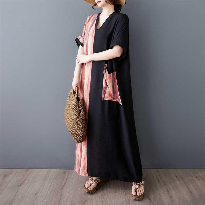 Summer V-neck Short Sleeved Patchwork Dress for Women