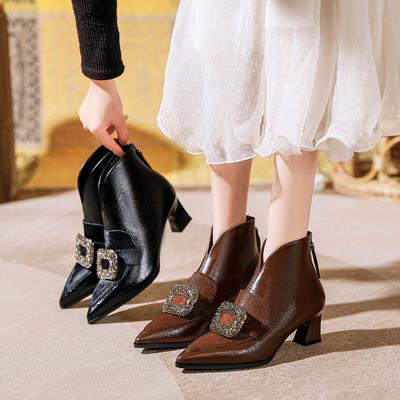 V-mouth Thick Heel Short Boots Autumn and Winter Leather Horse Hair Pointed Rhinestone Square Buckle Short Boots