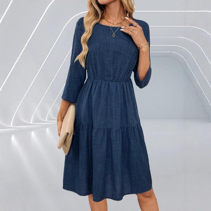Spring and Summer Women's Waist Waist Seven-point Sleeve Crew Neck Dress