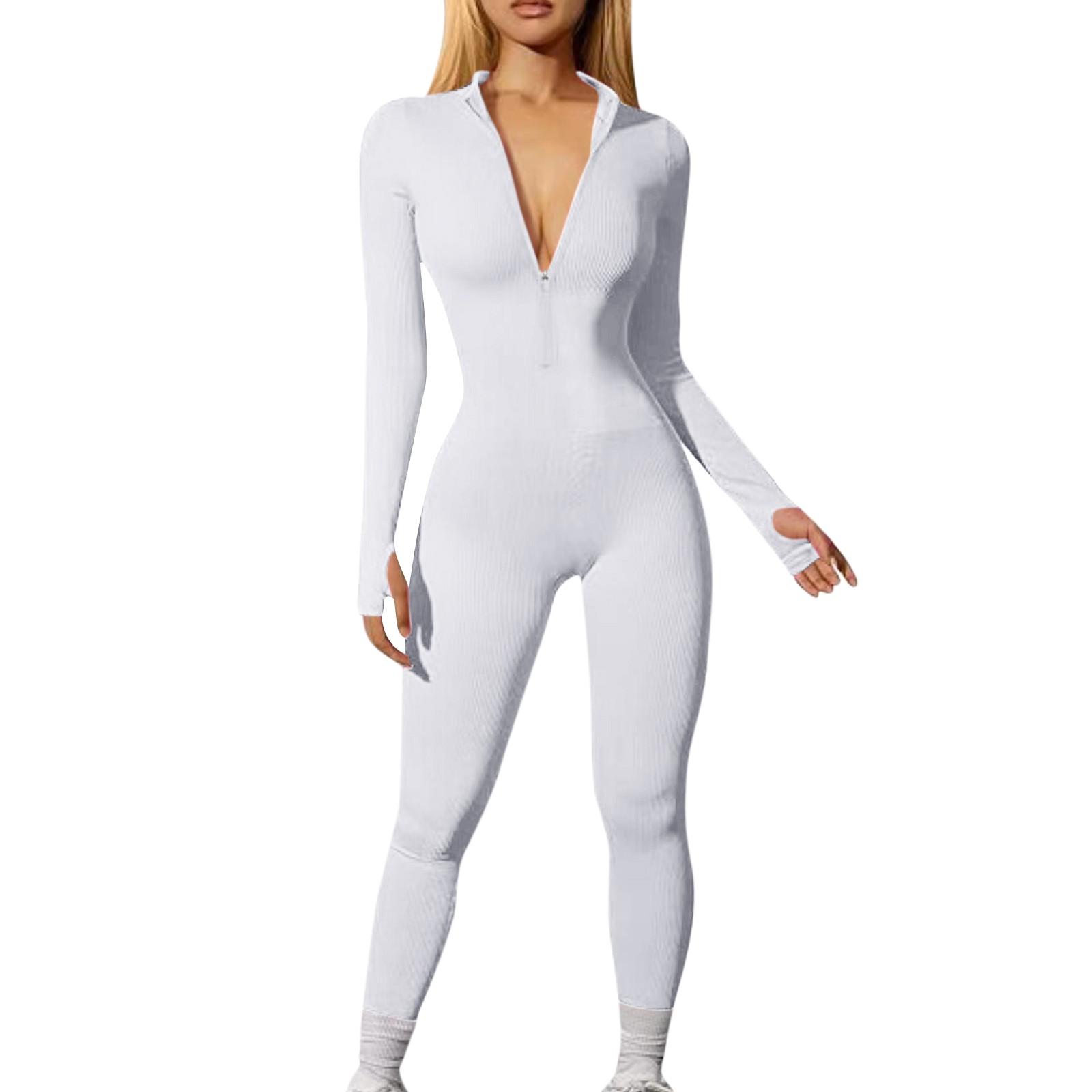 

Женский однотонный спортивный повседневный комбинезон с длинными рукавами и молнией, длинные брюки, облегающие брюки S белый