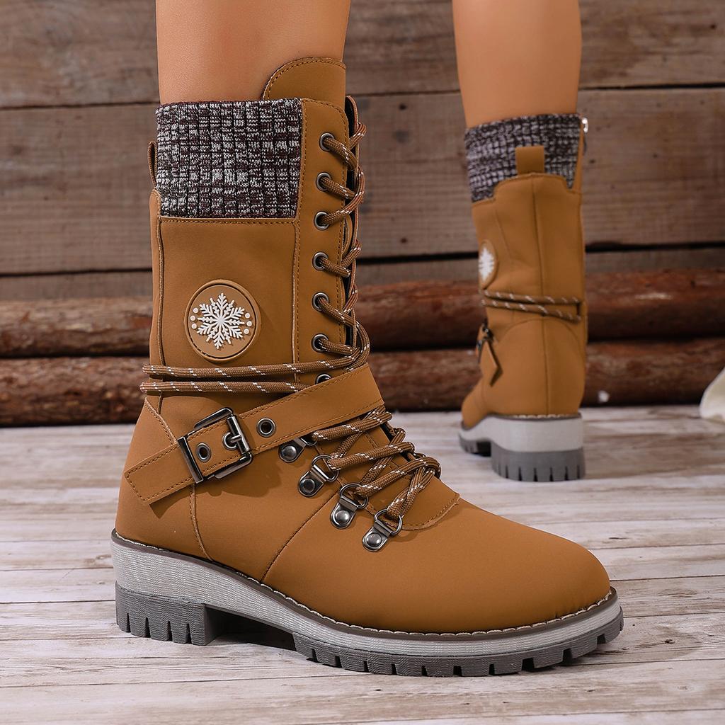 2025 winter new medium women's boots round head square heel leather buckle wool splicing Martin boots large size snow boots