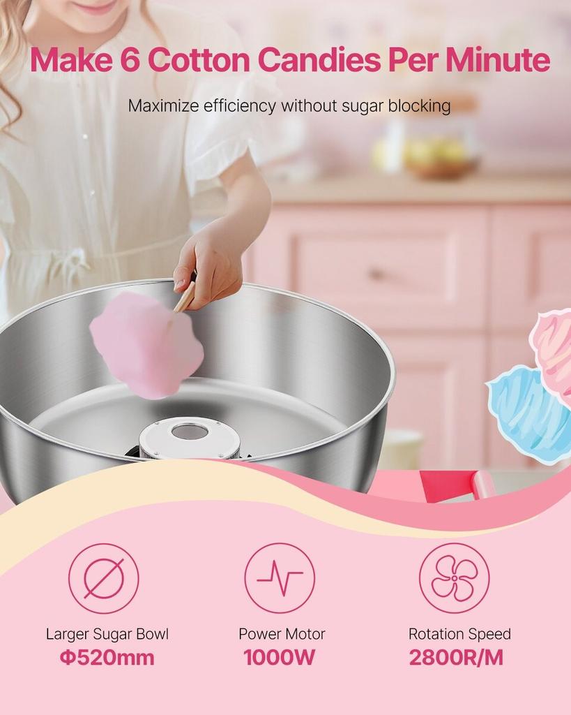 Commercial Cotton Candy Machine with Cart Sugar Floss Maker 1000W Party