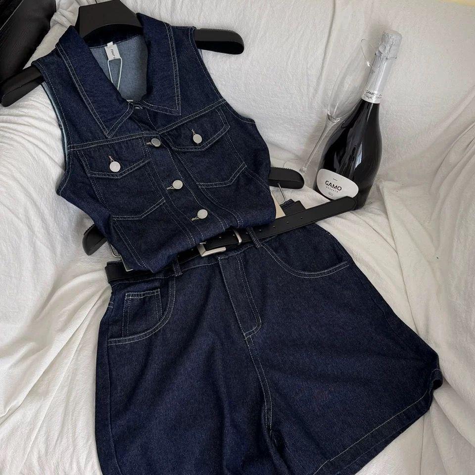 2026 Summer Denim Hong Kong Style: Sleeveless Top & High-Waisted Shorts Set
